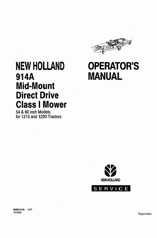 New Holland 914A Mower 54` & 60` For 1215,1220 Tractors Operator's Manual 42091418 - PDF