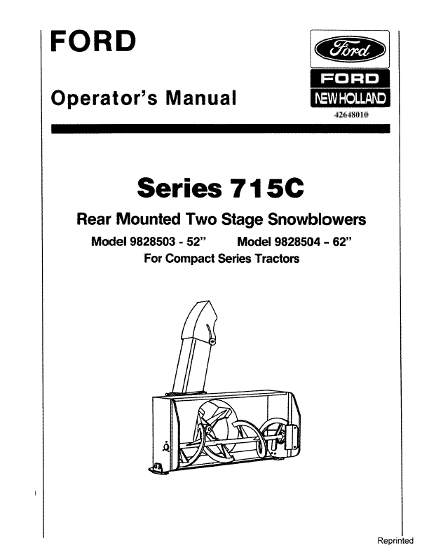 New Holland Ford 715C 52 & 62 Inch 2 Stage Snow Blowers Operator's Manual 42648010 - PDF