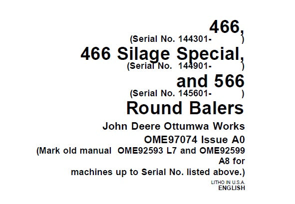 John Deere 466 and 566 Round Balers (Serial No. 114001- ) Operator’s Manual OME92593 - PDF