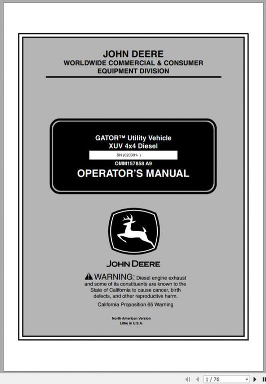 John Deere XUV 4*4 Diesel Gator Utility Vehicle (SN. 020001) Operator's Manual OMM157858 - PDF