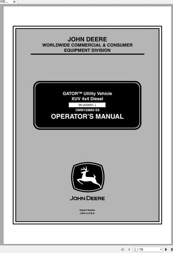 John Deere XUV 4*4 Diesel Gator Utility Vehicle (SN. 020001) Operator's Manual OMM158860 - PDF