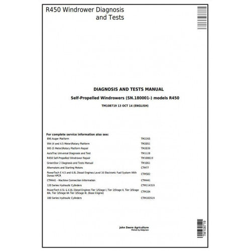 Cover page of the John Deere R450 Windrower Diagnostic and Test Manual, indicating the model number R450 and the scope of the manual, including information on operation, maintenance and diagnostics.