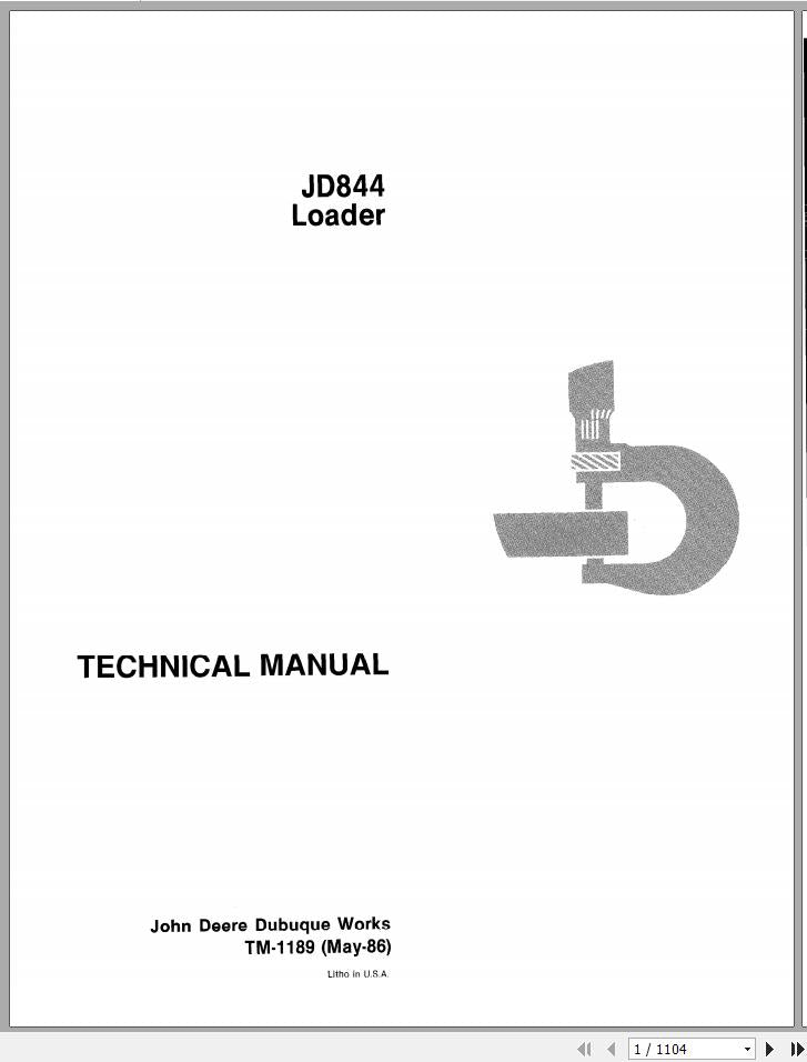 John Deere JD844 Loader Service Repair Manual TM1189 - PDF