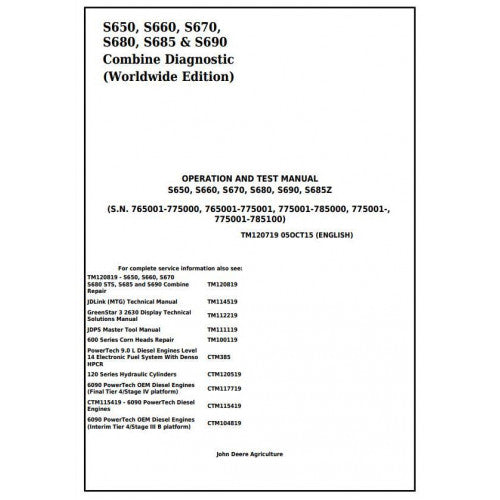 John Deere S650, S660, S670, S680, S685, S690 Combine Operation, Maintenance & Diagnostic Test Service Manual TM120719 - PDF