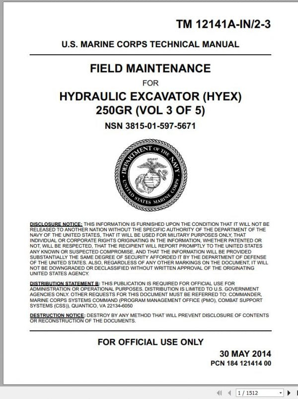 Cover page of the John Deere Hydraulic Excavator HYEX 250GR V3 of 5 Field Maintenance Technical Repair Manual featuring the U.S.