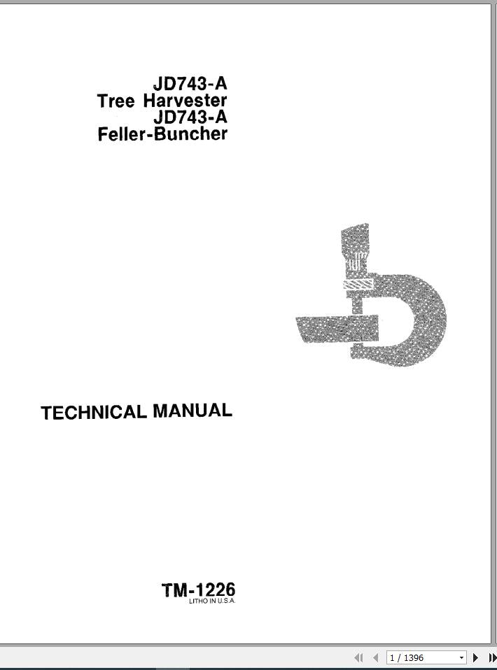 Cover page of the John Deere technical service repair manual for JD743-A Tree Harvester and JD743-A Feller-Buncher, showing the model numbers and the designation 'Tech. Manual'.