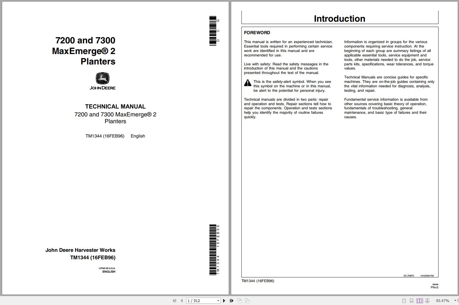 Cover and inside view of a John Deere Maxemerge Planters technical service repair manual, showing the table of contents and an introduction.