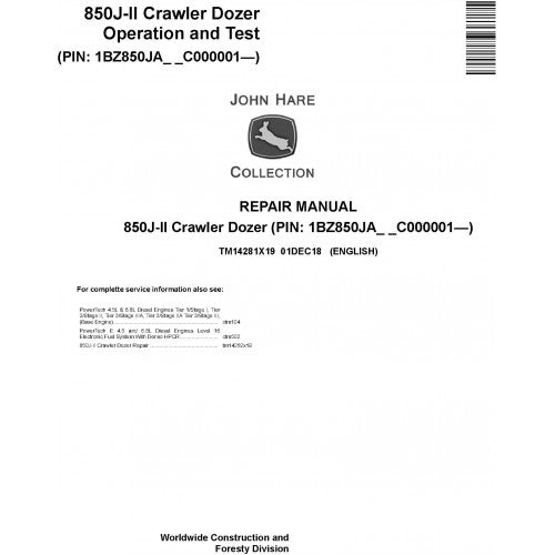 John Deere 850J-II Crawler Dozer Operation & Diagnostic Test Technical Service Manual TM14281X19 - PDF