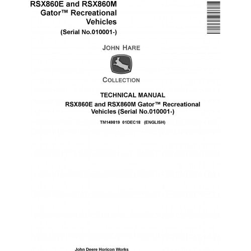 Cover page of the John Deere RSX860 and RSX860M Gator Recreational Vehicles Technical Manual, indicating the serial numbers and product collection.