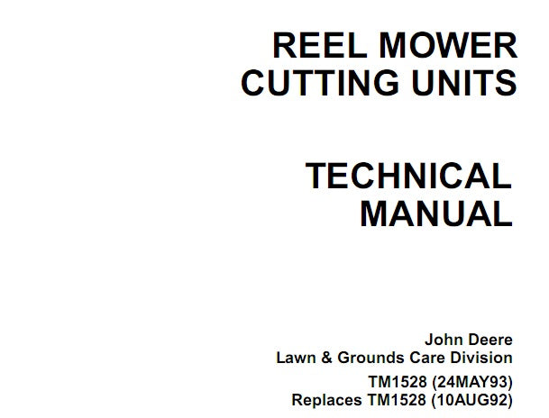 Cover page of the John Deere Reel Mower Cutting Units Technical Service Repair Manual featuring the title and author's name.
