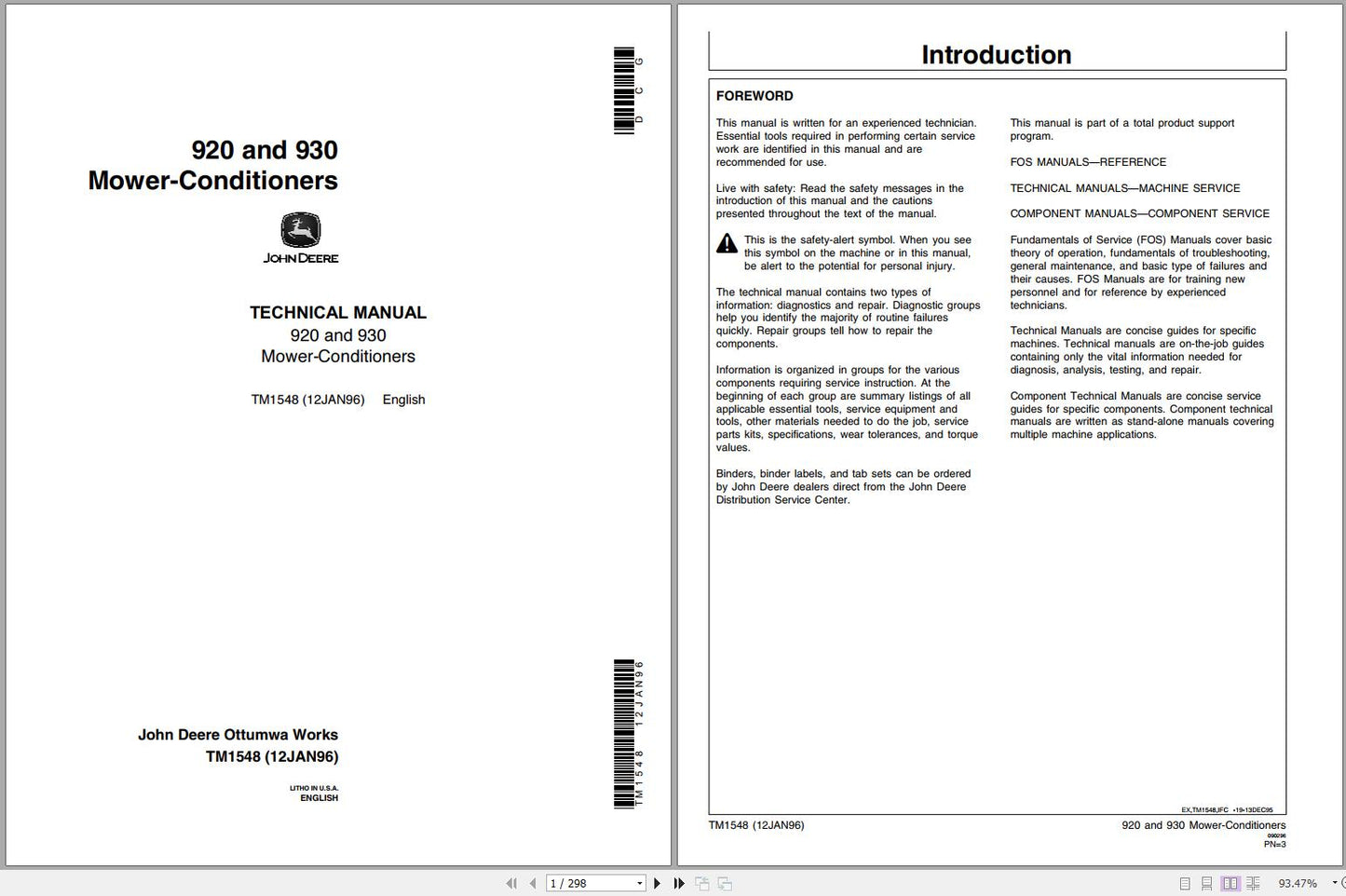 Cover page and introduction of the John Deere Mower Conditioners 920 and 930 Technical Service Repair Manual TM1548 - PDF.