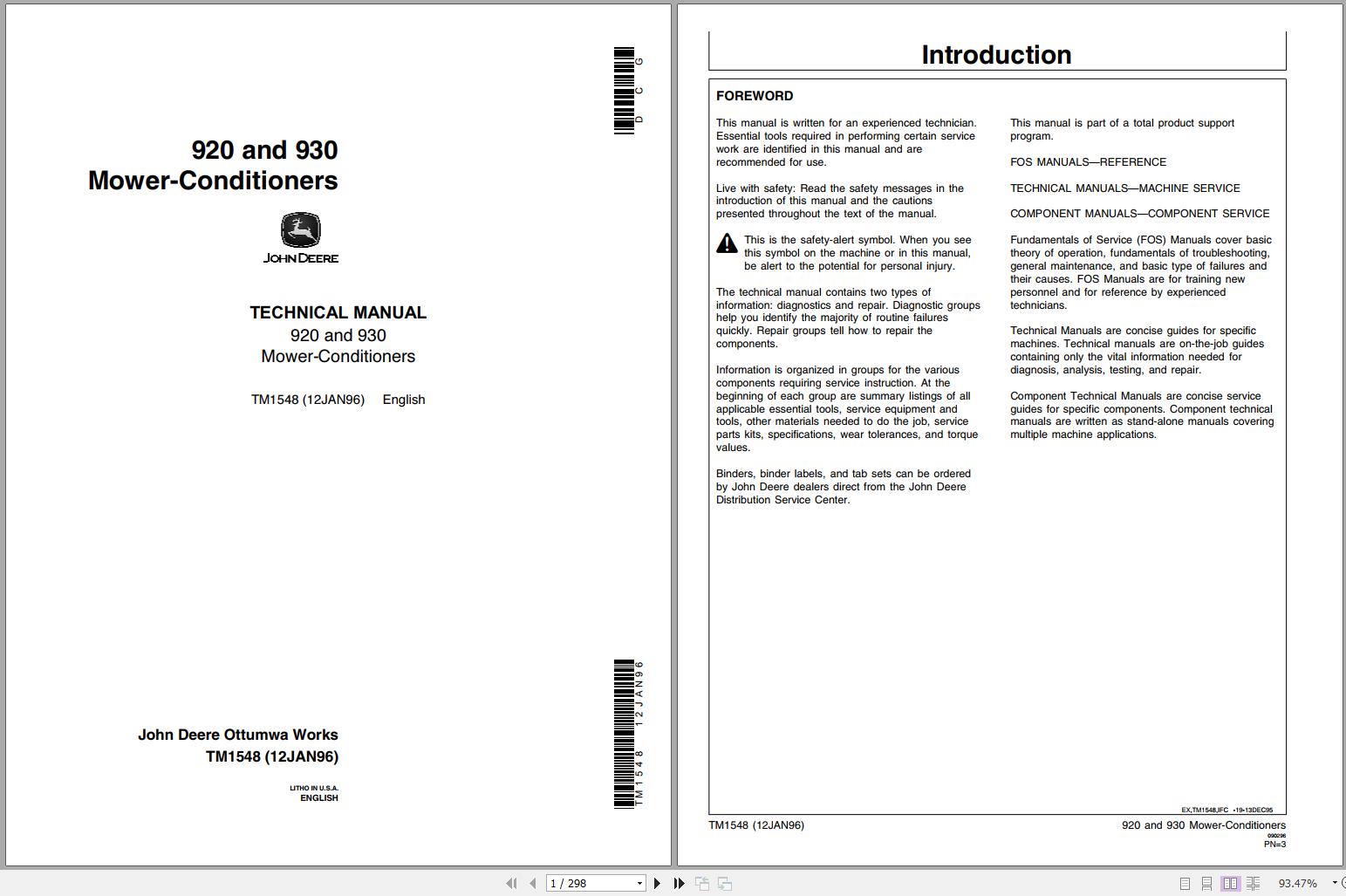 Cover page and introduction of the John Deere Mower Conditioners 920 and 930 Technical Service Repair Manual TM1548 - PDF.