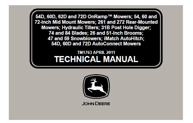 John Deere Mowers series 54D, 60D, 62D, 72D On Ramp and AutoConnect; 261, 272 Read-Mounted Technical Manual TM1763 - PDF