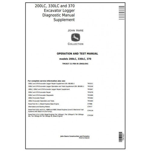 ﻿John Deere 200LC, 330LC, 370 Excavator Logger Operation, Maintenance & Diagnostic Test Service Manual TM1827 - PDF