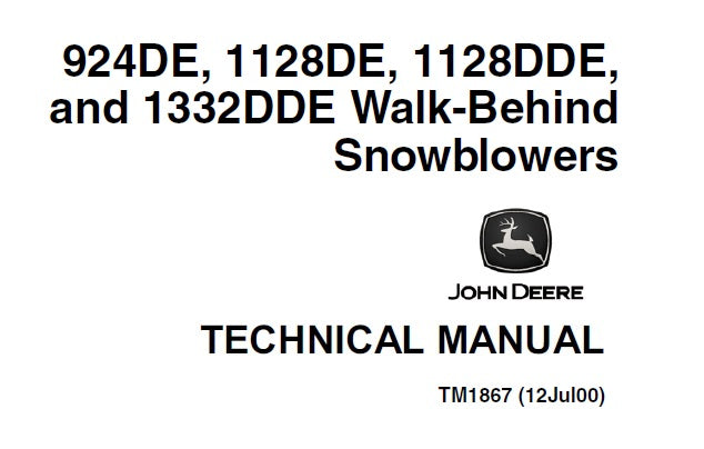 Cover page of the John Deere technical manual for walk-behind snowblowers, indicating the models covered and the manual's title.
