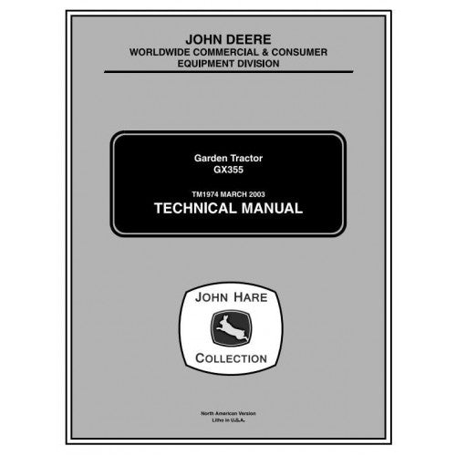 Cover page of the John Deere GX355D Lawn & Garden Tractor Technical Service Repair Manual featuring the John Deere logo, the model number GX355D, and the month of publication, March 2022.