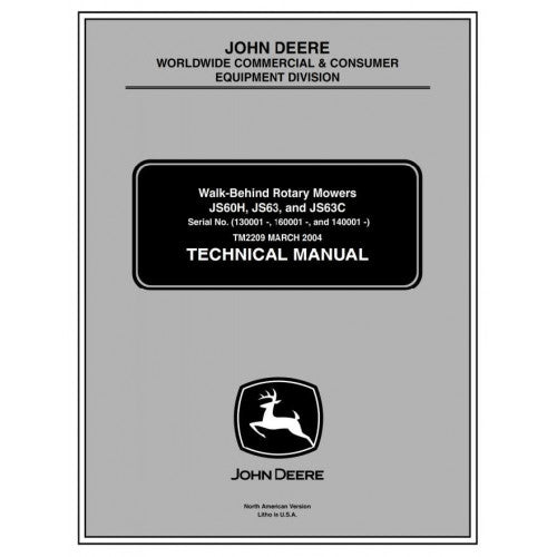 John Deere JS60H, JS63, JS63C Walk-Behind Rotary Mowers Technical Service Repair Manual TM2209 - PDF