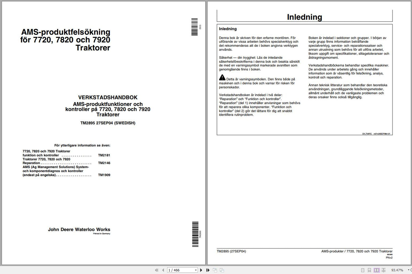 John Deere Tractor 7720, 7820, 7920 Technical Service Repair Manual TM2895 Swedish - PDF