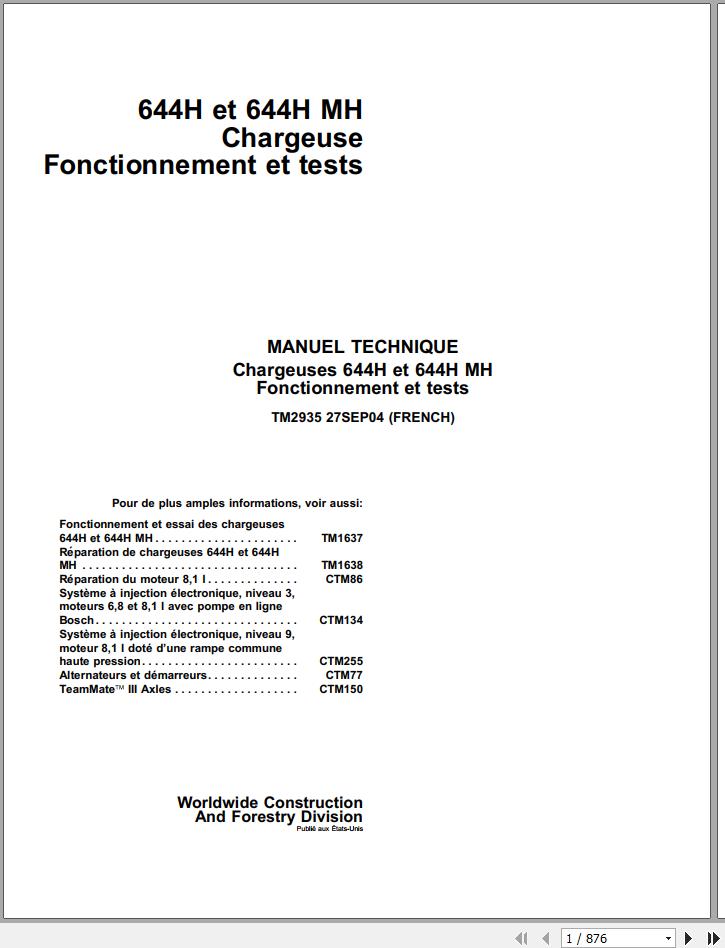 Cover page of the John Deere Loaders 644H, 644H MH Technical Service Repair Manual featuring title and barcode.