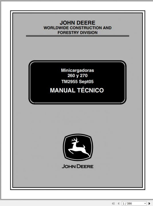 John Deere Skid Steer Loader 260, 270 Technical Service Repair Manual TM2955 PT - PDF