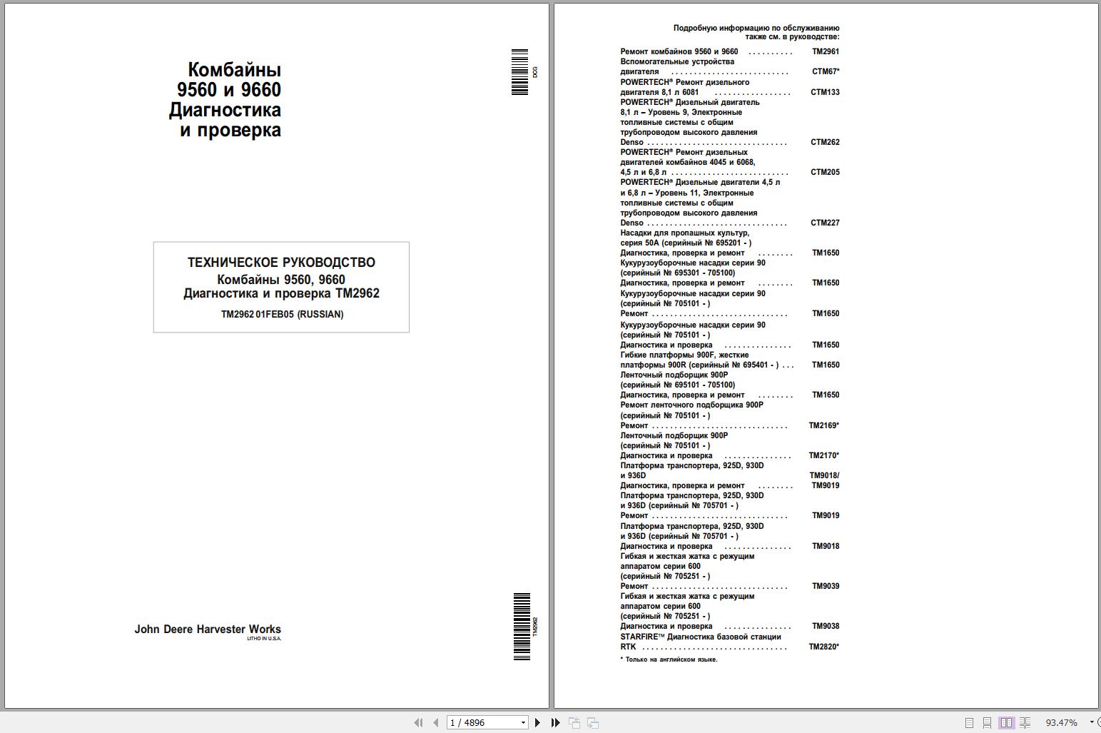 A page from the John Deere Combine Harvester 9560, 9660 Technical Service Repair Manual showing a list of sections with titles.