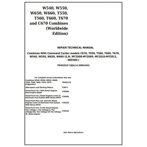 John Deere W540, W550, W650, W660, T550, T560, T660, T670, C670 Combine Technical Service Repair Manual TM402619 - PDF