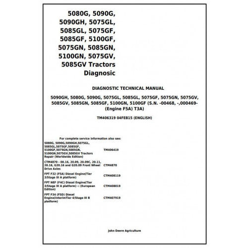 Cover page of John Deere Tractor operation, maintenance, and diagnostic test manual.