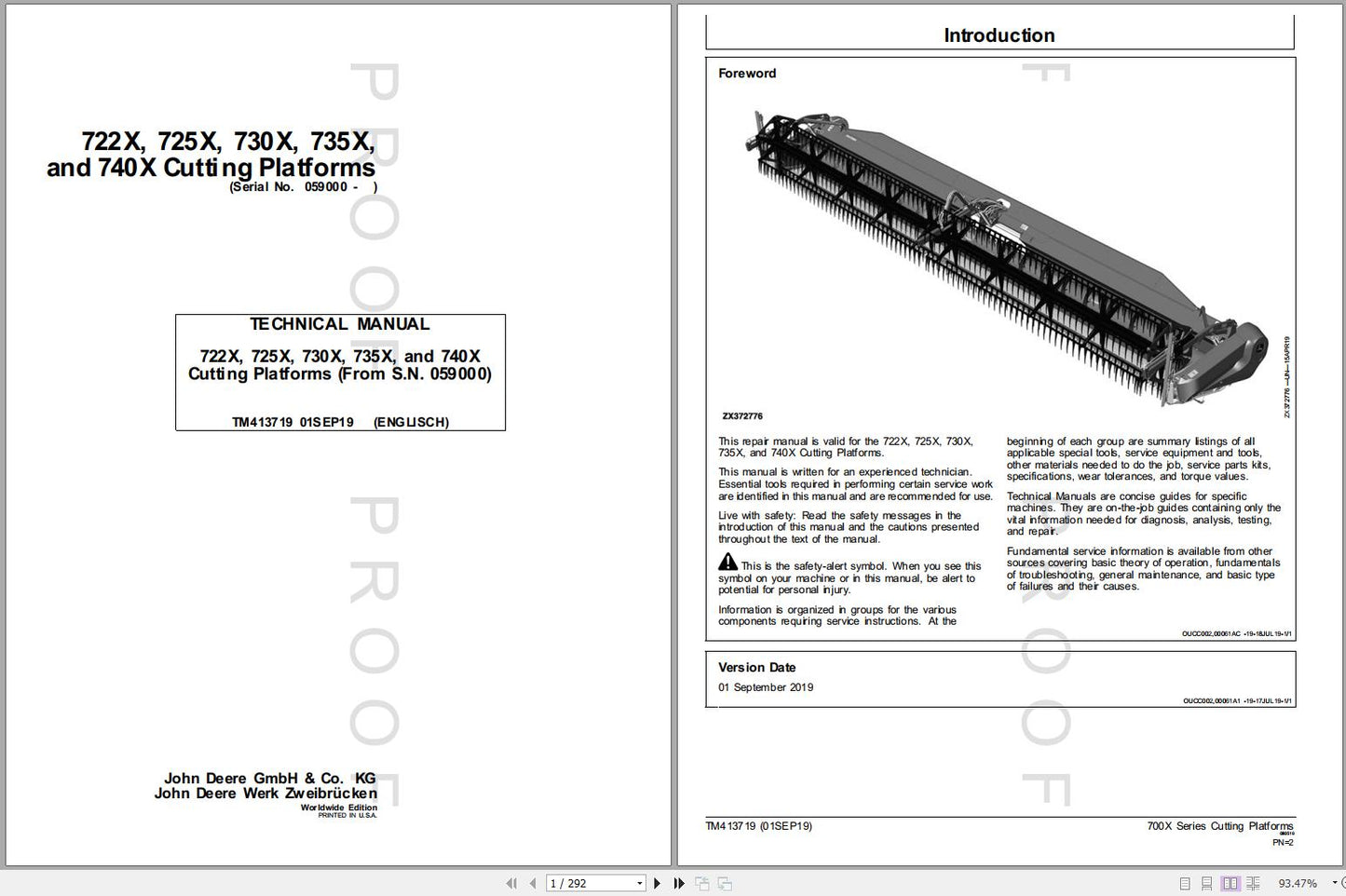 A page from a John Deere technical service repair manual for cutting platforms, showing the cover and a section titled 'INTRODUCTION' with author and date information.