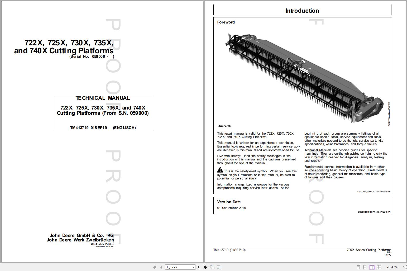 A page from a John Deere technical service repair manual for cutting platforms, showing the cover and a section titled 'INTRODUCTION' with author and date information.