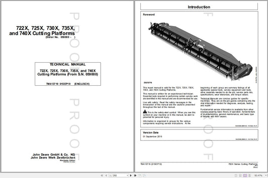 A page from a John Deere technical service repair manual for cutting platforms, showing the cover and a section titled 'INTRODUCTION' with author and date information.
