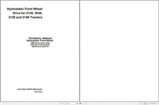 John Deere Tractors Hydrostatic Front Wheel 2130, 3030, 3130, 3140 Technical Service Repair Manual TM4303 - PDF