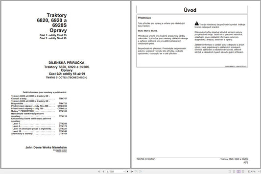 John Deere Tractors 6820, 6920, 6920S Technical Service Repair Manual TM4760 Vol 2 Tschechisch - PDF