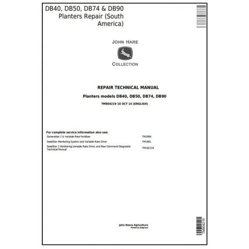 Cover page of the John Deere technical service repair manual for South American planters, indicating the models covered and the service manual number.