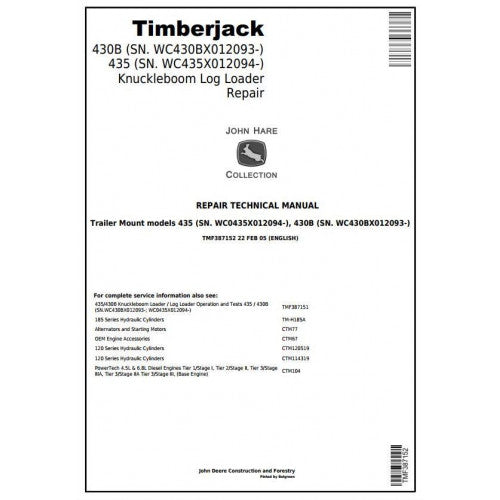 John Deere Timberjack 435, 430B Series II Knuckleboom Trailer Mount Log Loader Service Repair Manual TMF387152 - PDF