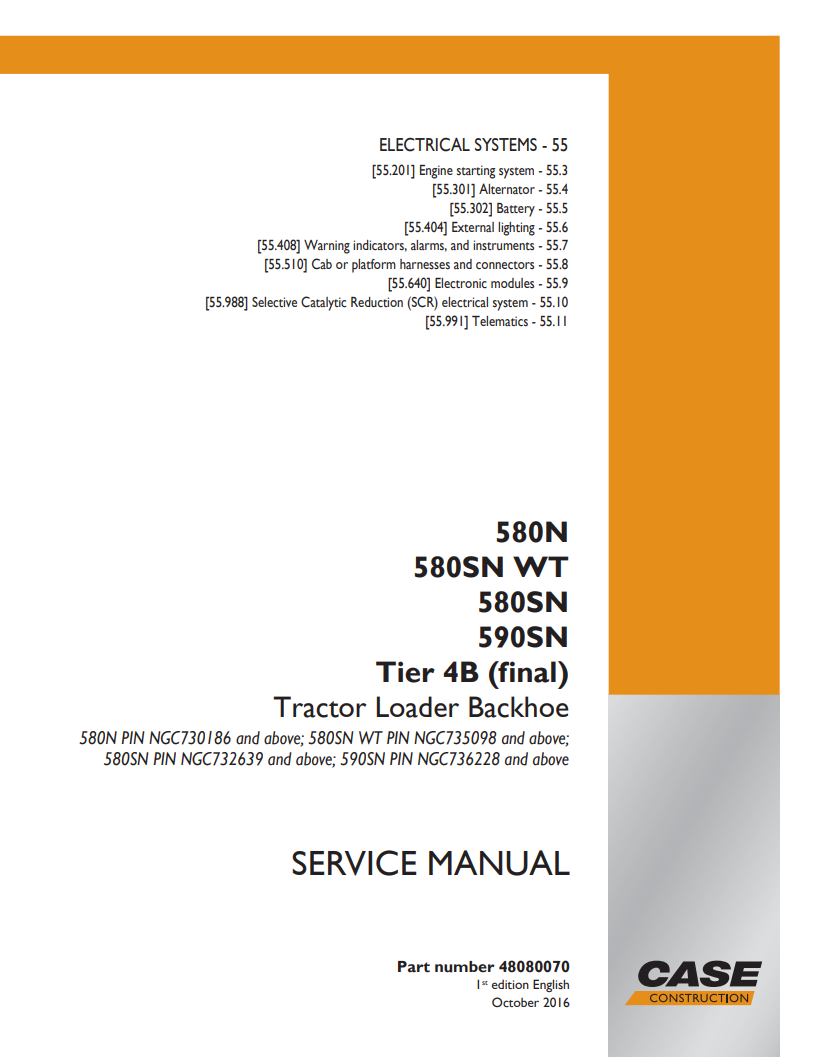 Case 580N, 580SN WT, 580SN, 590SN Tire 4B (Final) Tractor Loader Service & Repair Manual 48080070 PDF