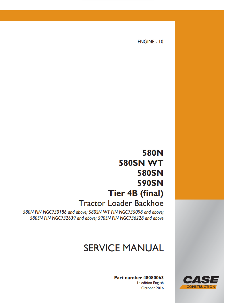 Case 580N, 580SN, 580SN WT, 590SN Tractor Loader Service & Repair Manual 48080063 Download PDF