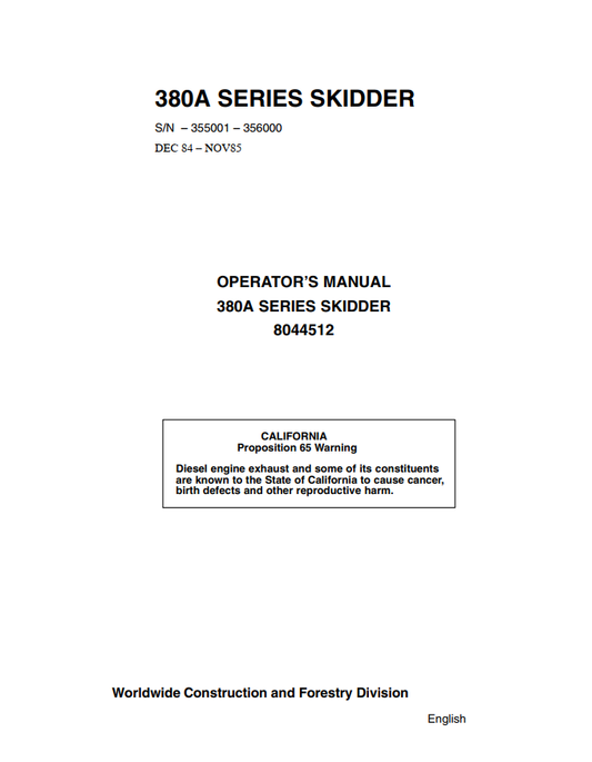 Timberjack 380A Series Skidder Operator's Manual 8044512 PDF Download