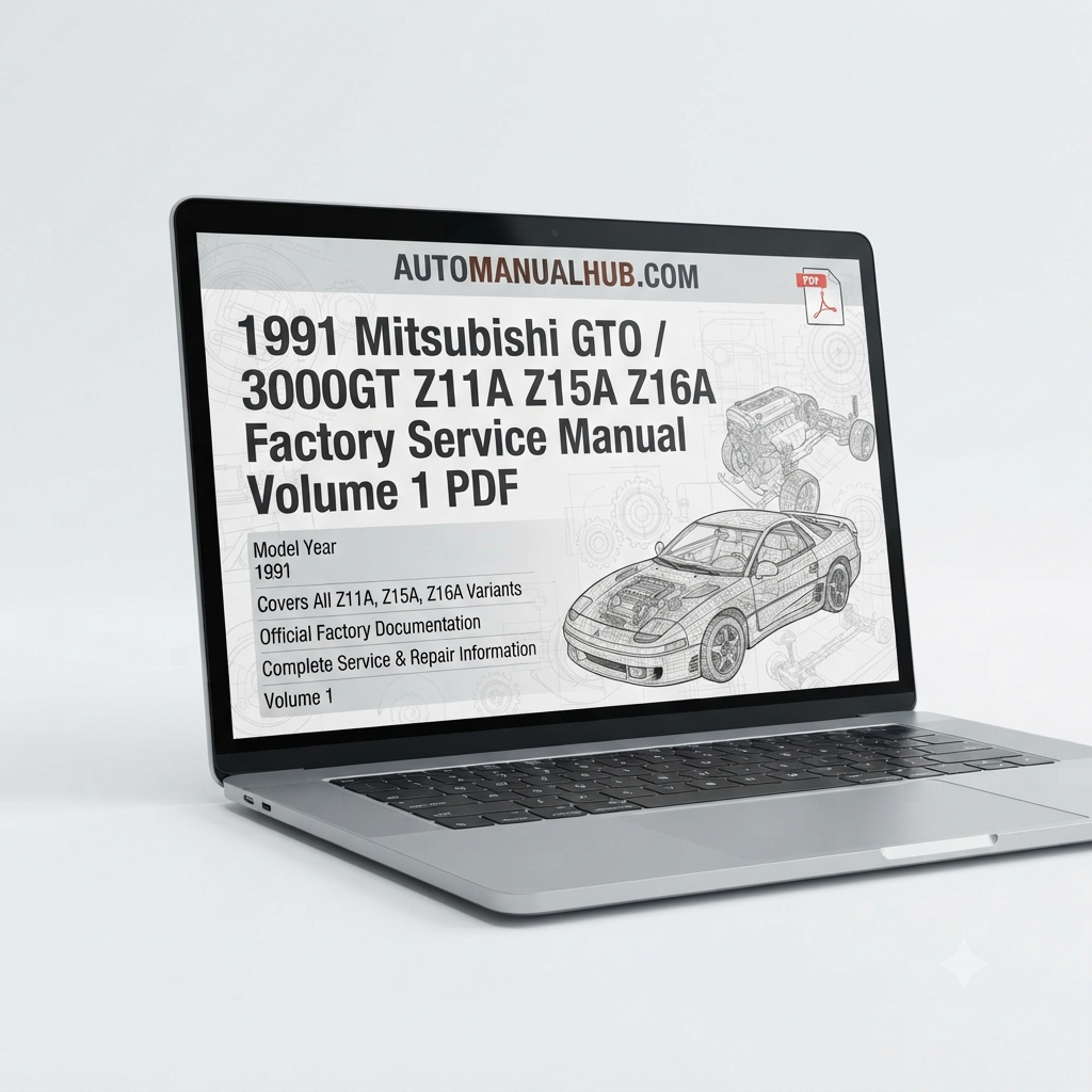 1991 Mitsubishi GTO and 3000GT Z11A Z15A Z16A Factory Service Manual Volume 1 covering engine, chassis, body, maintenance, specifications, and repair procedures.
