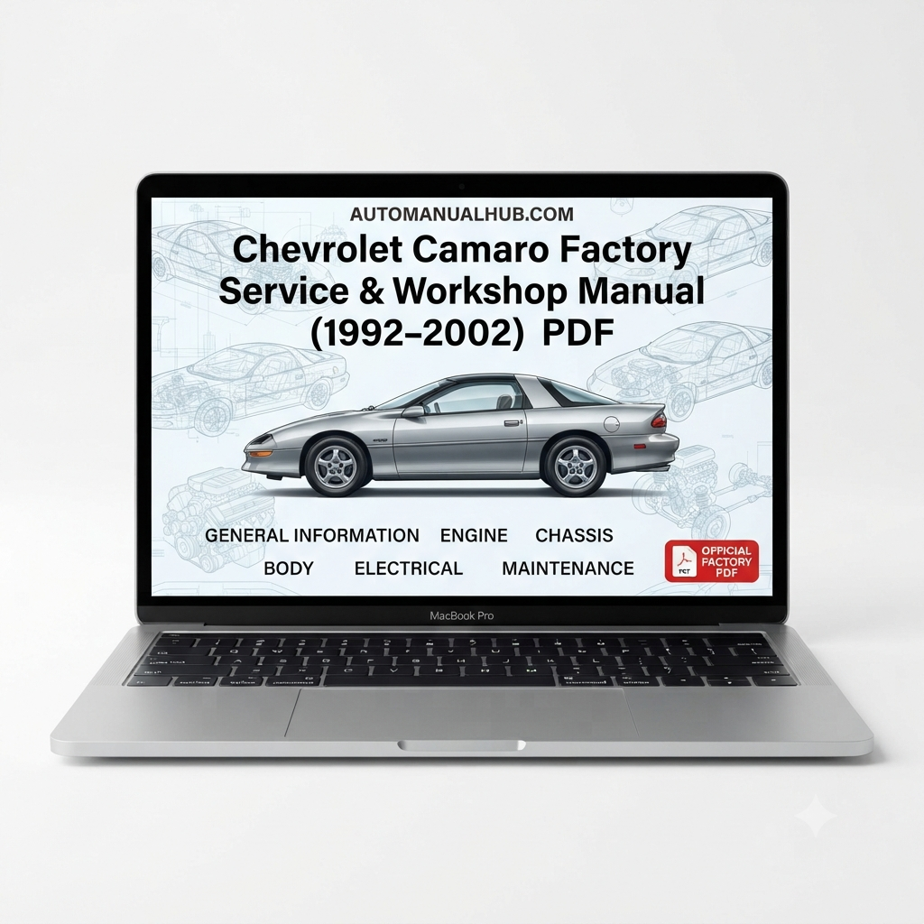 Chevrolet Camaro Factory Service and Workshop Manual for 1992–2002 models covering engine, gearbox, differential, wiring diagrams, diagnostics, maintenance, repairs, and rebuild procedures.