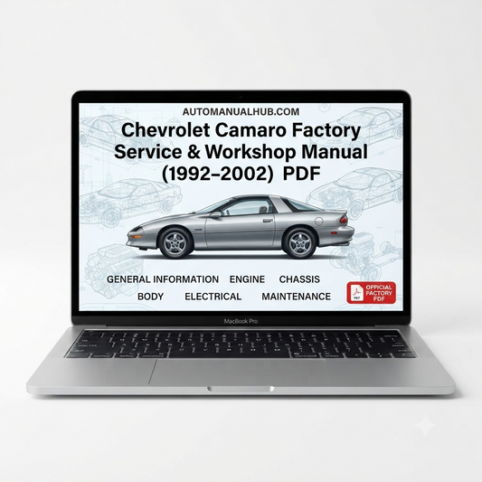 Chevrolet Camaro Factory Service and Workshop Manual for 1992–2002 models covering engine, gearbox, differential, wiring diagrams, diagnostics, maintenance, repairs, and rebuild procedures.