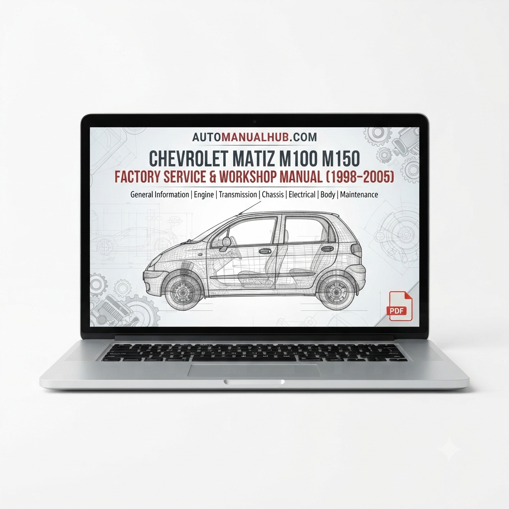 Chevrolet Matiz M100 M150 Factory Service and Workshop Manual for 1998–2005 models with wiring diagrams, diagnostics, maintenance, repairs, and rebuild procedures.