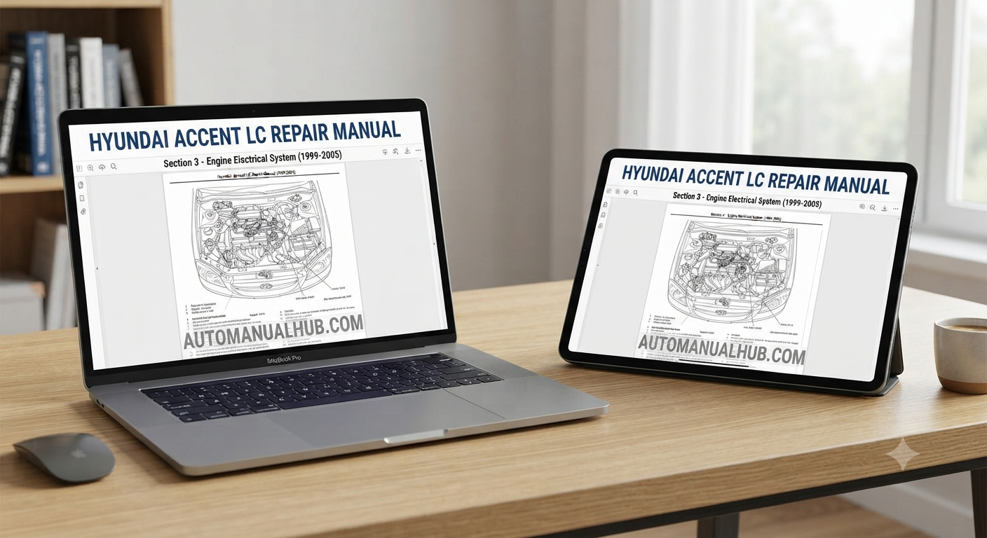 Hyundai Accent LC Factory Service and Repair Manual for 1999–2005 models featuring maintenance procedures, electrical systems, wiring diagrams, troubleshooting, and workshop repair information.