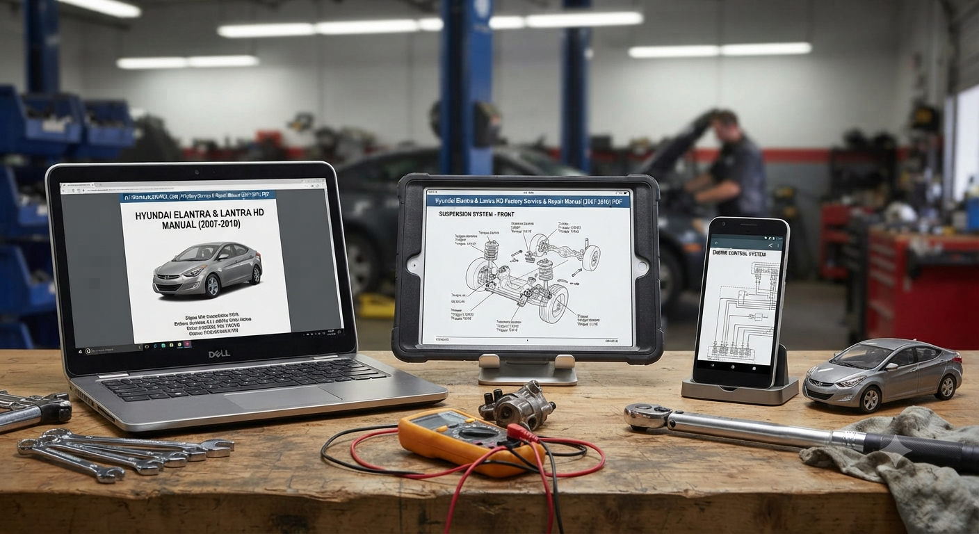 Hyundai Elantra and Lantra HD Factory Service and Repair Manual for 2007–2010 models with maintenance procedures, wiring diagrams, diagnostics, and workshop repair information.