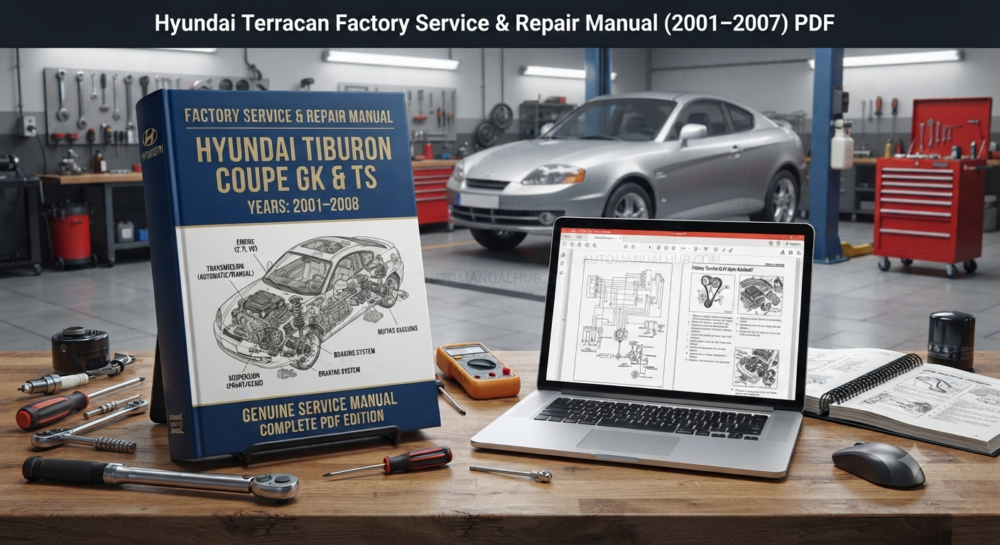 Hyundai Tiburon Coupe GK and TS Factory Service and Repair Manual for 2001–2008 models with maintenance procedures, wiring diagrams, diagnostics, and workshop repair information.