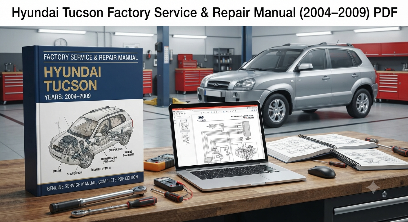 Hyundai Tucson First Generation Factory Service and Repair Manual for 2004–2009 models with maintenance, servicing, repair, replacement, and overhaul information.