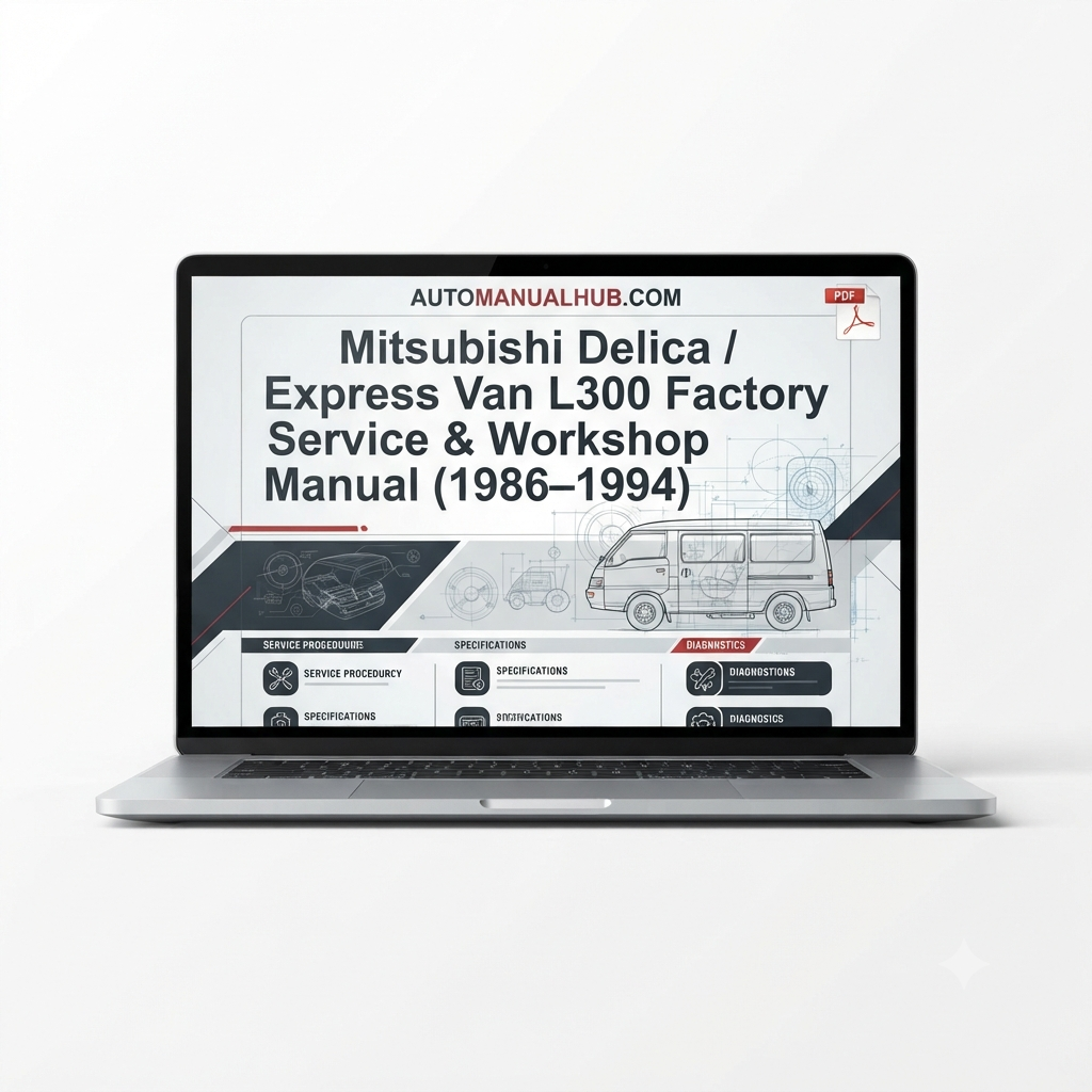 Mitsubishi Delica, Express Van and L300 Factory Service and Workshop Manual for 1986–1994 models covering engine, gearbox, wiring diagrams, diagnostics, maintenance, repairs, and rebuild procedures.