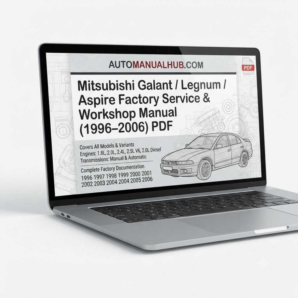 Mitsubishi Galant, Legnum and Aspire Factory Service and Workshop Manual for 1996–2006 models covering engine, gearbox, electrical systems, diagnostics, repairs, maintenance, and rebuild procedures.