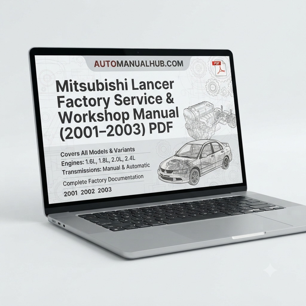 Mitsubishi Lancer Factory Service and Workshop Manual for 2001–2003 models covering engine, gearbox, suspension, electrical systems, diagnostics, maintenance, repairs, and rebuild procedures.