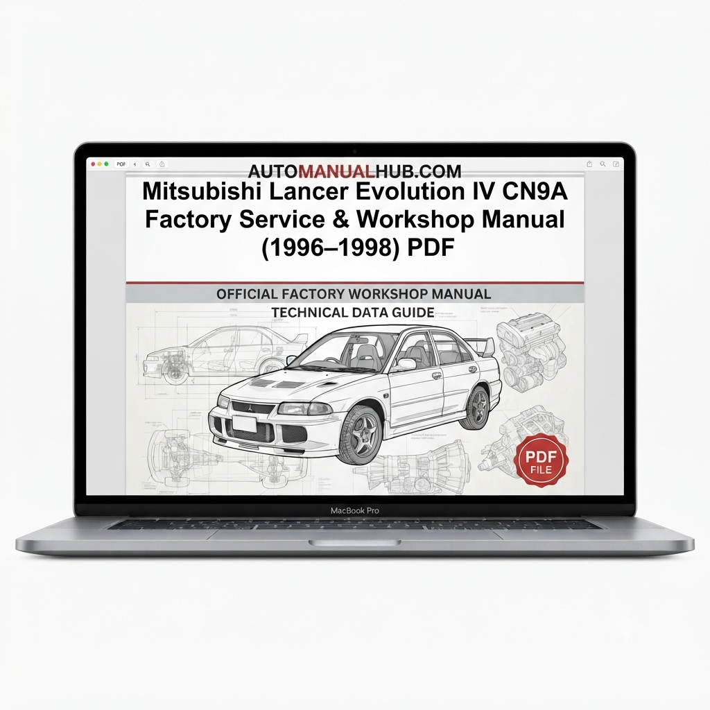 Mitsubishi Lancer Evolution IV CN9A Factory Service and Workshop Manual for 1996–1998 models with factory specifications, repair procedures, maintenance information, and Evolution V service coverage.
