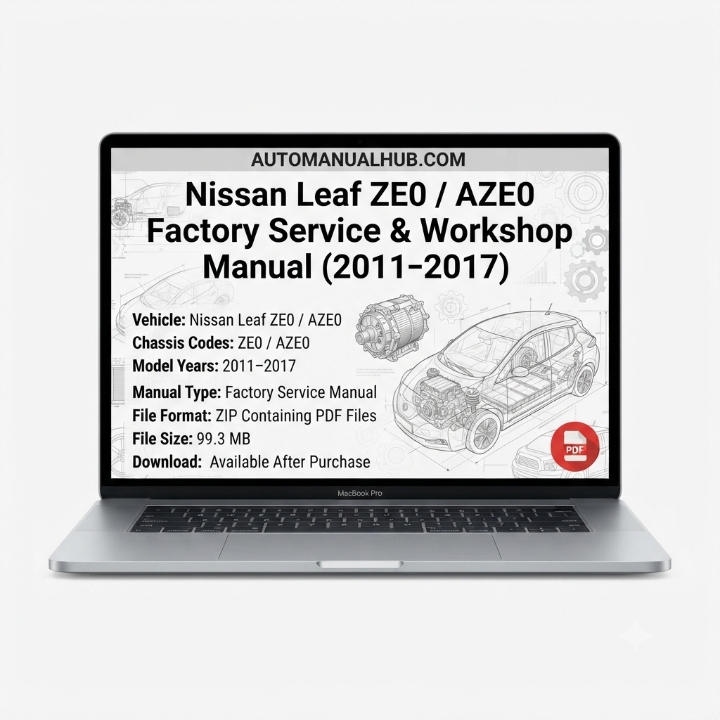 Factory Service and Workshop Manual for Nissan Leaf ZE0 and AZE0 (2011–2017) covering electric drivetrain, battery systems, wiring diagrams, diagnostics and repairs.